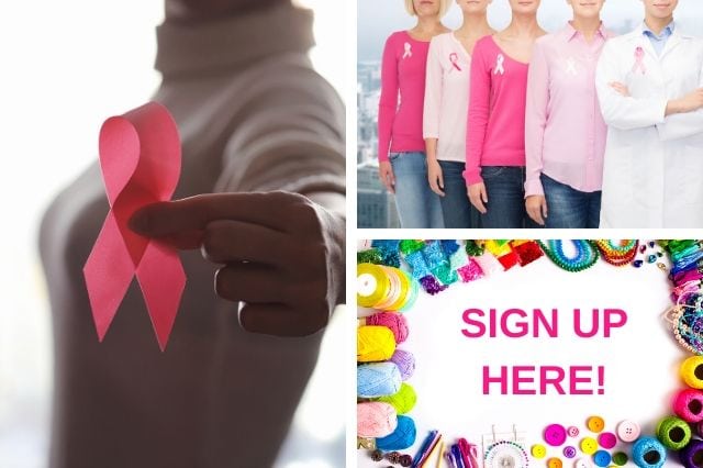 Images of women with breast cancer ribbons and text that says "Sign up here!"