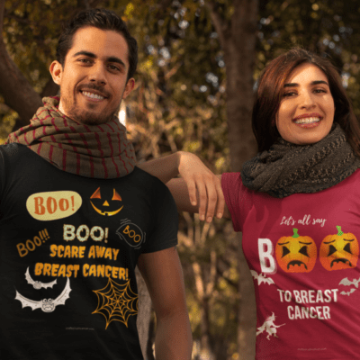 Young couple wearing fall-themed breast cancer awareness T-shirts