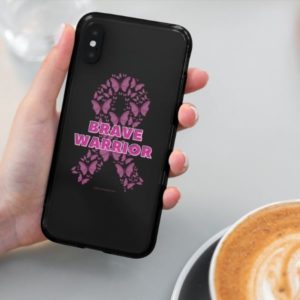 Mockup of someone holding a clear phone case with a design featuring a pink ribbon and the words Brave Warrior.